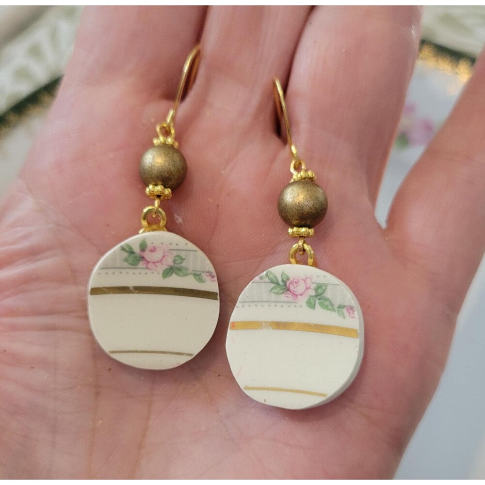 Broken China "Taylor, Smith & Taylor Pink Roses Round Earrings
